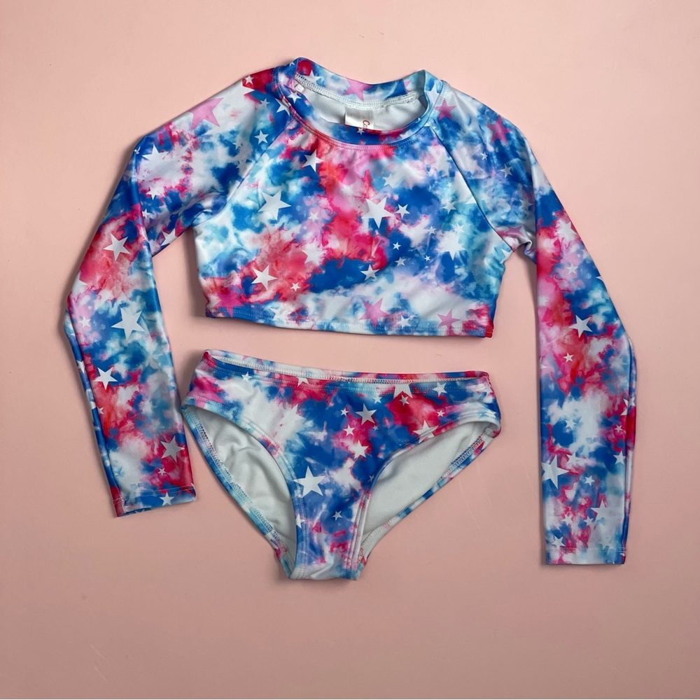 Cat & Jack Girls Long Sleeve Two-Piece Swim Set - Pink, Blue & White Star Print